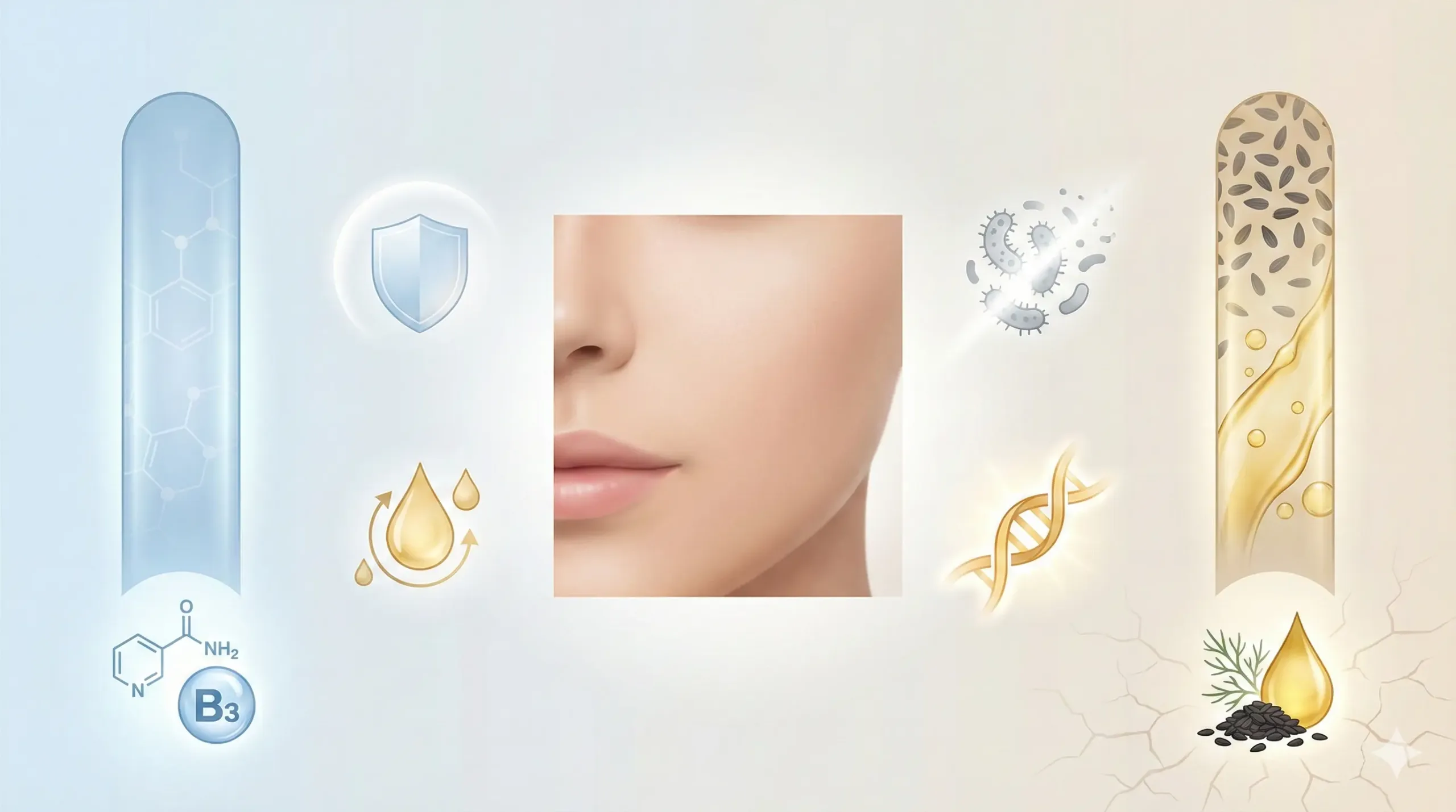 Infographic showing niacinamide and black seed oil benefits for acne treatment including oil control, inflammation reduction, and skin barrier support