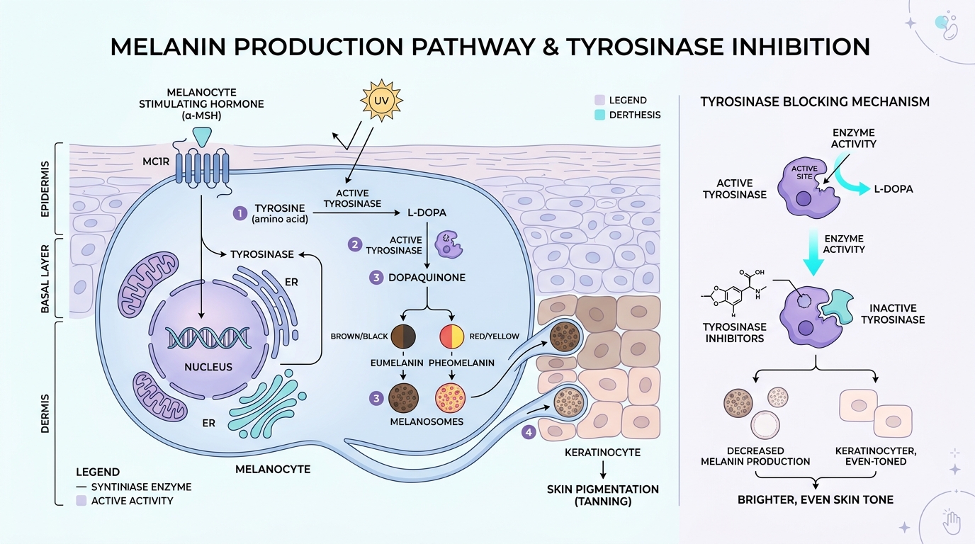 Scientific infographic illustrating how Alpha Arbutin blocks tyrosinase enzyme and melanin production