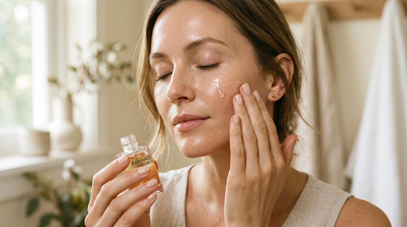 Woman applying skincare product on face