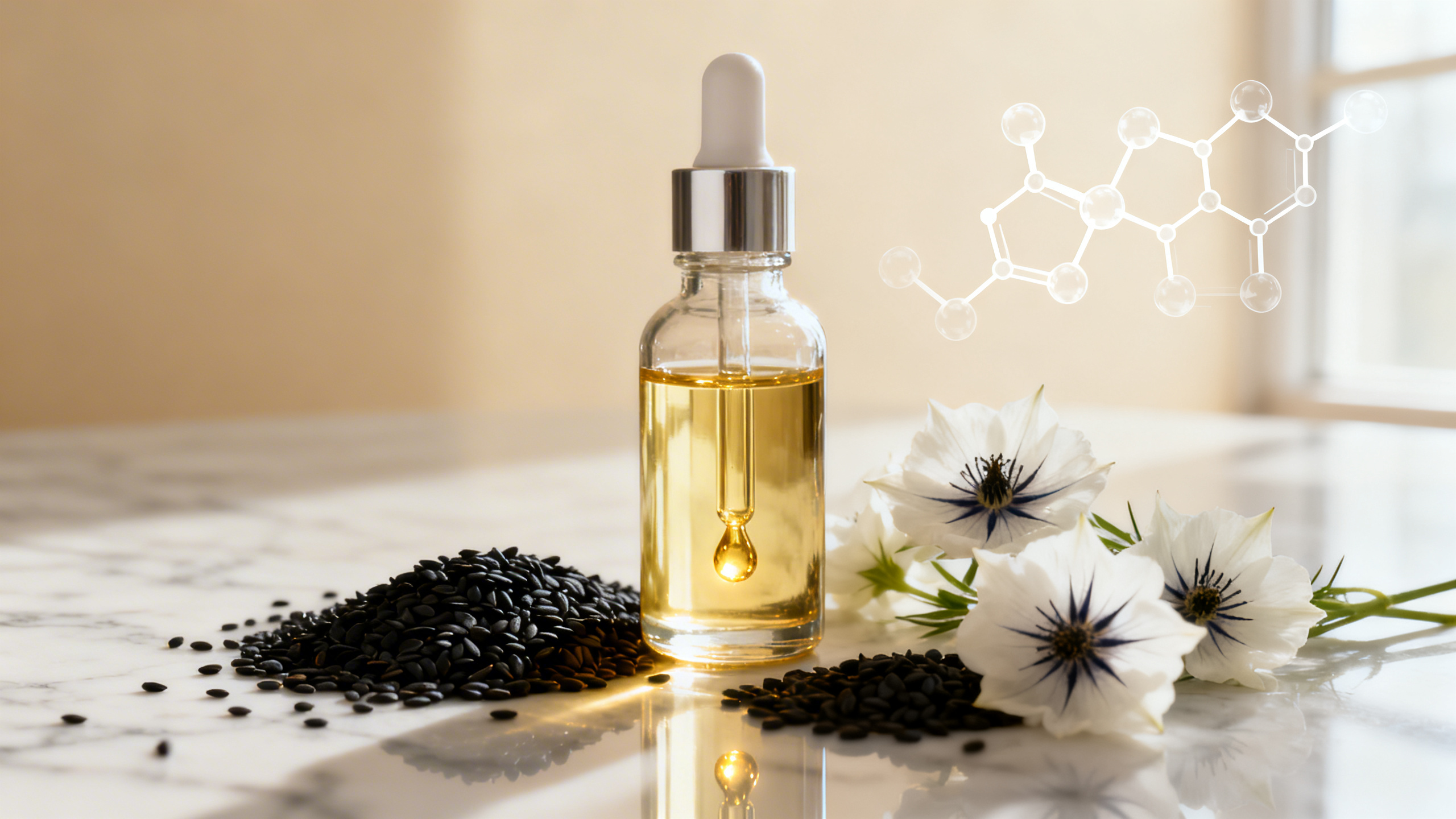 Black seed oil in a glass dropper bottle with Nigella sativa seeds, showcasing natural skincare ingredient for acne and hydration.