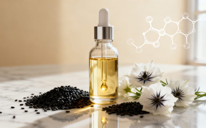Black seed oil in a glass dropper bottle with Nigella sativa seeds, showcasing natural skincare ingredient for acne and hydration.